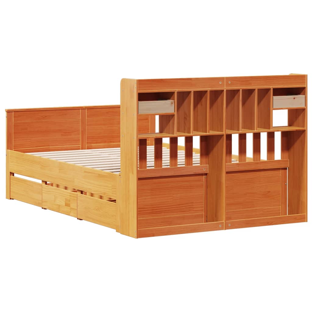 Seng med bokhylle uten madrass voksbrun 140x190 cm heltre furu