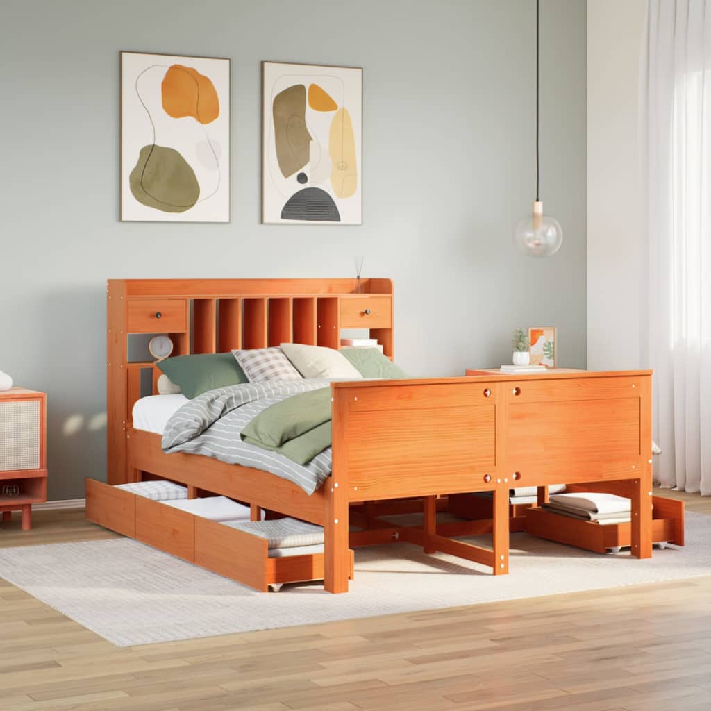 Seng med bokhylle uten madrass voksbrun 140x190 cm heltre furu