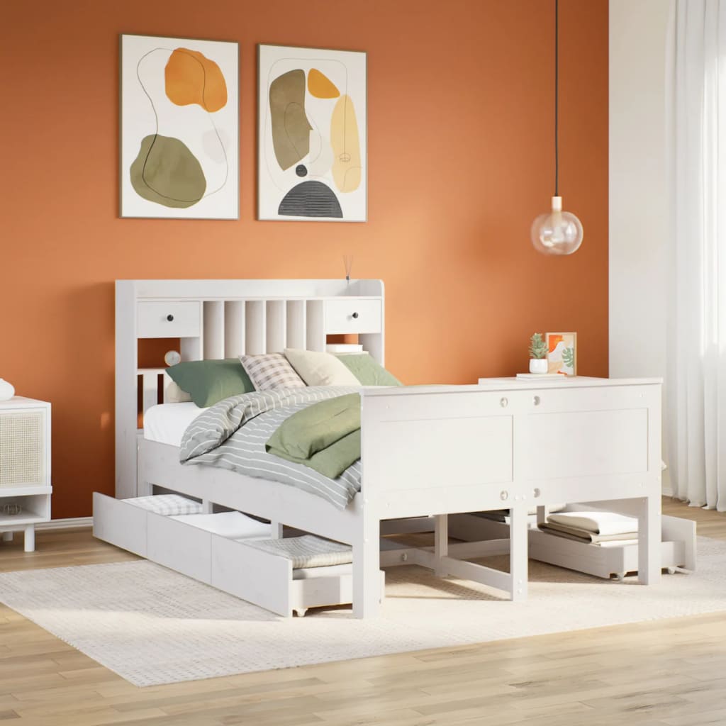 Seng med bokhylle uten madrass hvit 135x190 cm heltre furu