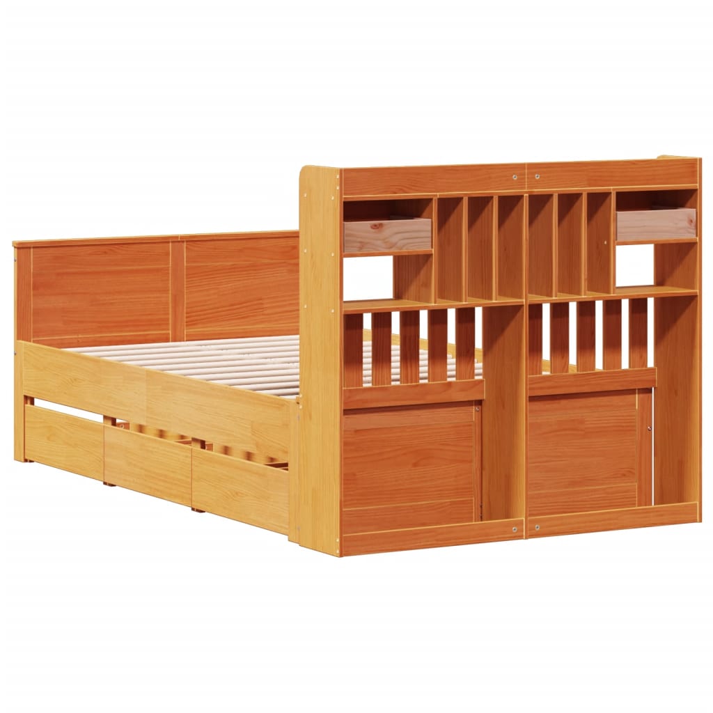 Seng med bokhylle uten madrass voksbrun 135x190 cm heltre furu