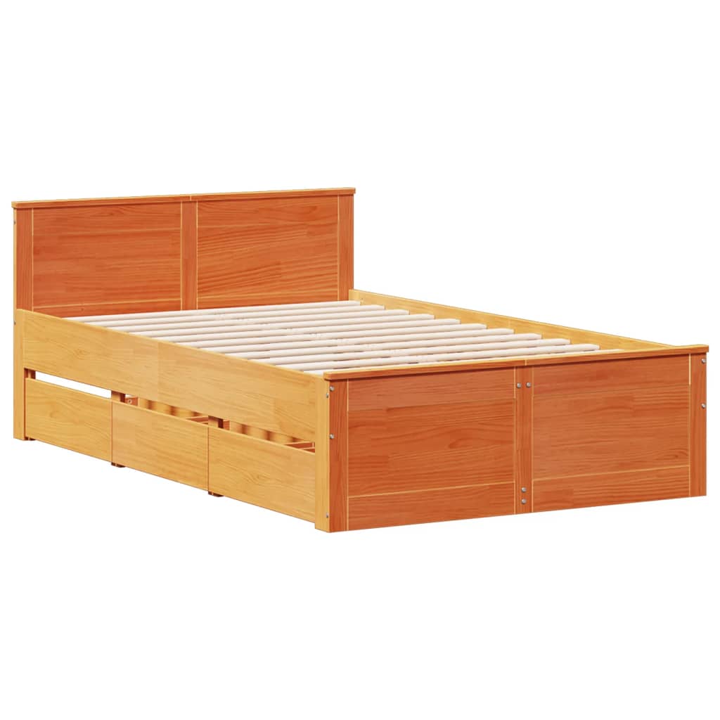 Seng med bokhylle uten madrass voksbrun 135x190 cm heltre furu