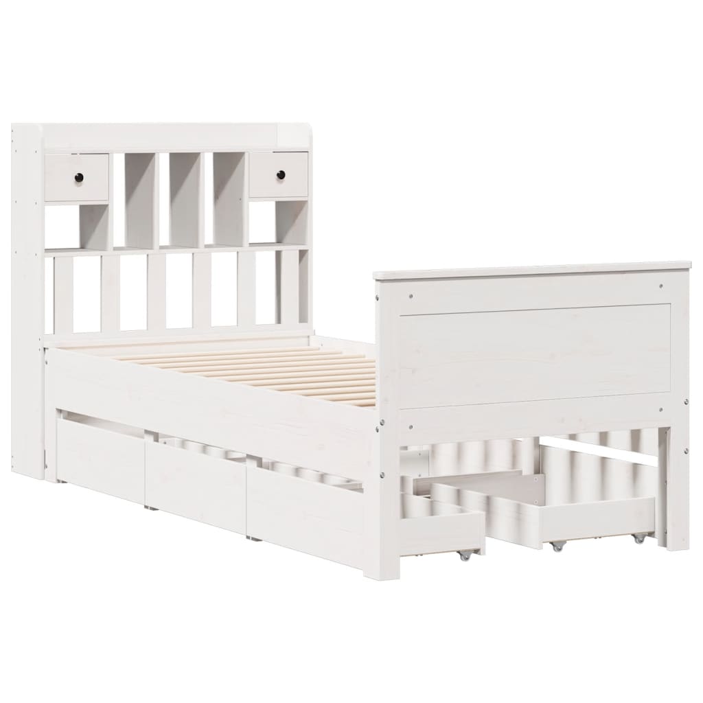 Seng med bokhylle uten madrass hvit 90x190 cm heltre furu