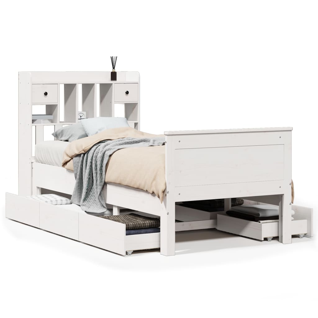 Seng med bokhylle uten madrass hvit 75x190 cm heltre furu