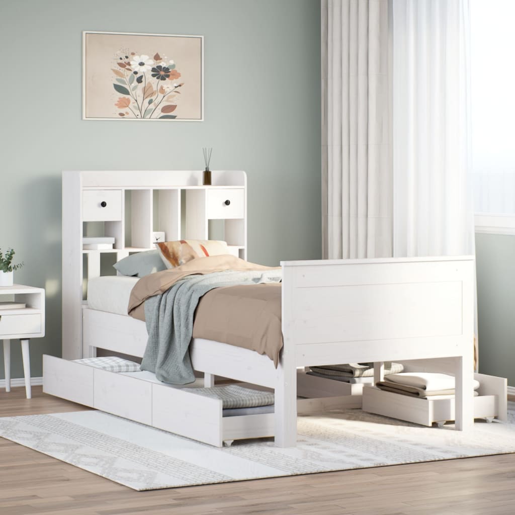 Seng med bokhylle uten madrass hvit 75x190 cm heltre furu