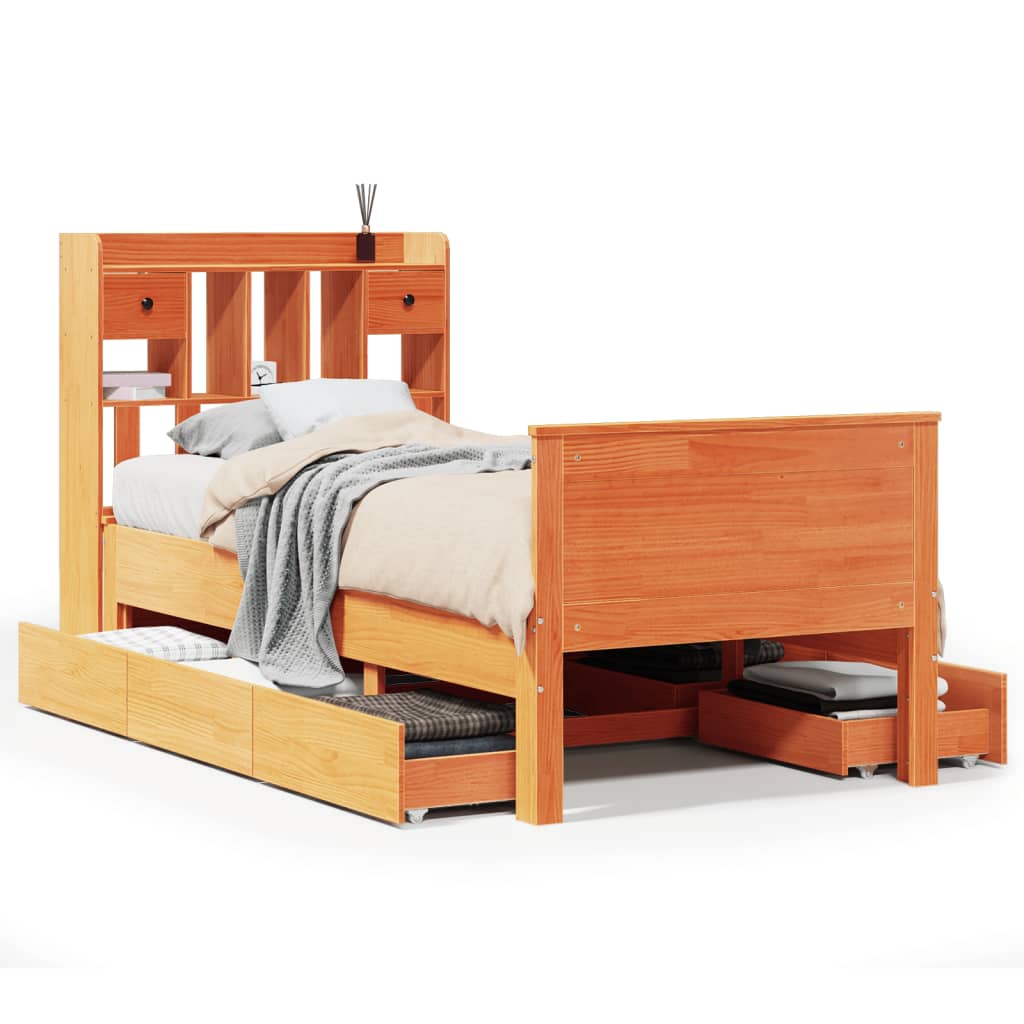 Seng med bokhylle uten madrass voksbrun 75x190 cm heltre furu