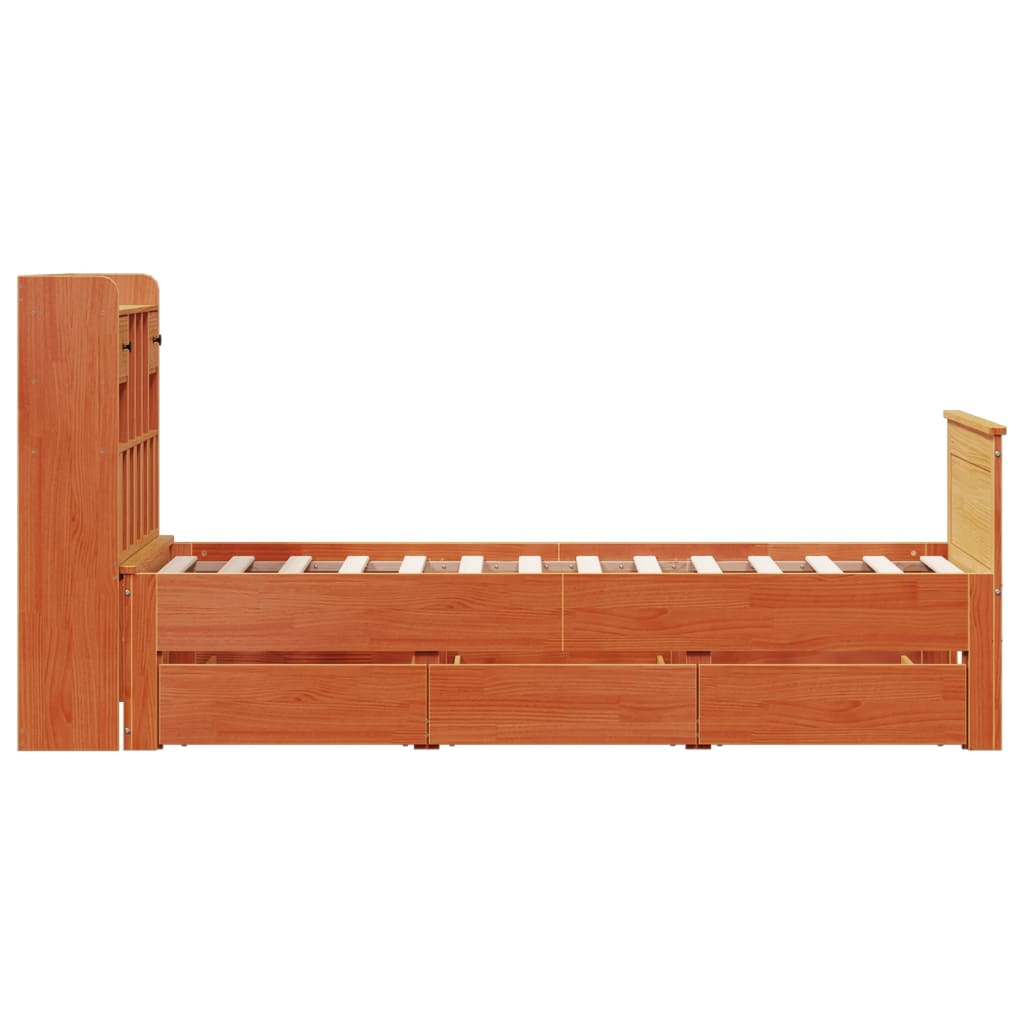 Seng med bokhylle uten madrass voksbrun 75x190 cm heltre furu