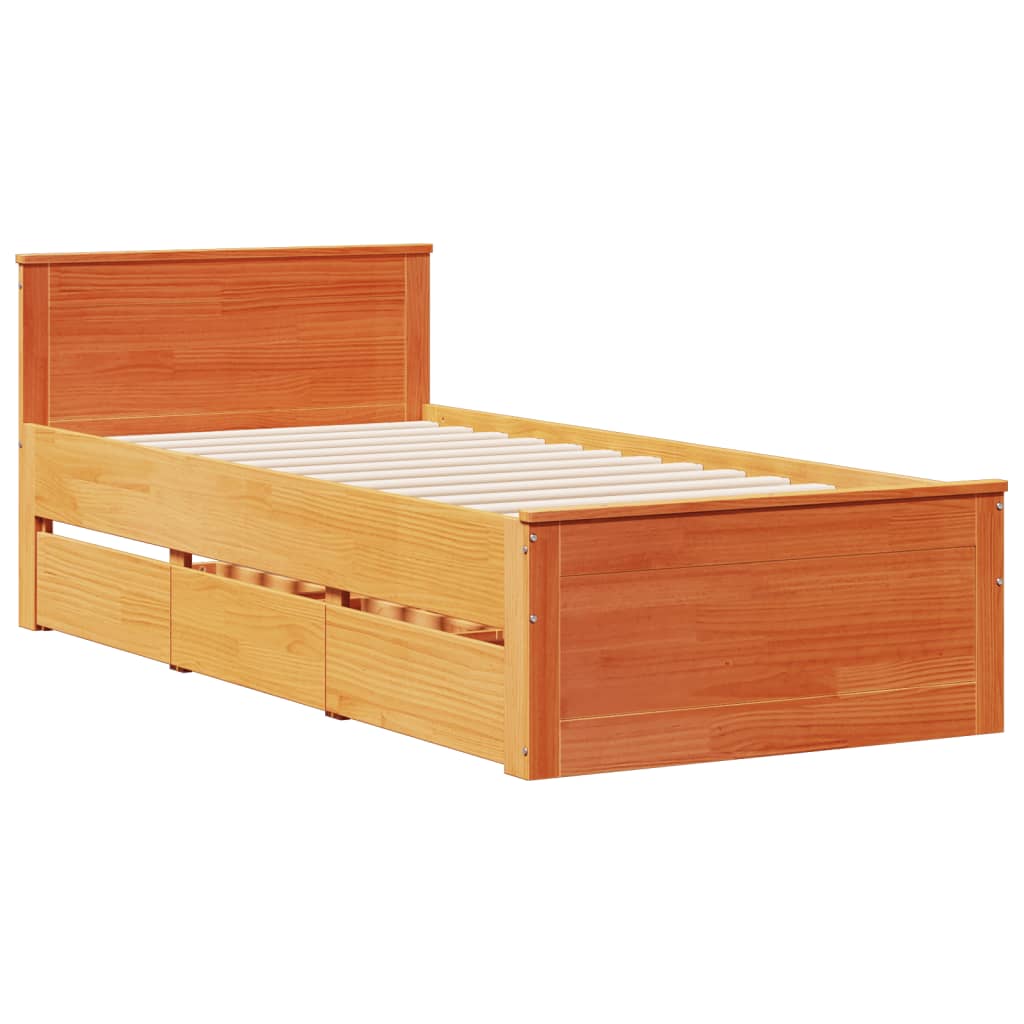 Seng med bokhylle uten madrass voksbrun 75x190 cm heltre furu