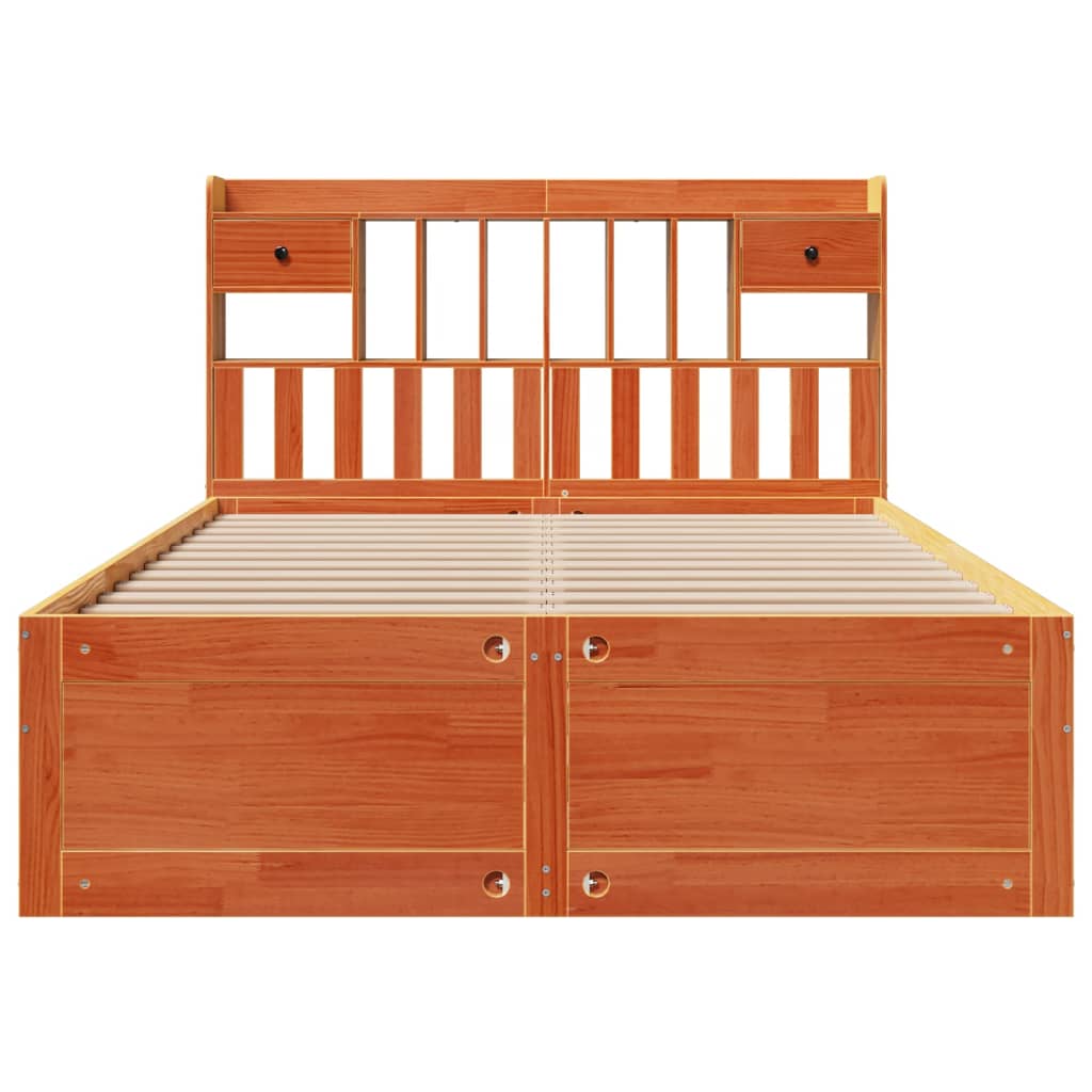 Seng med bokhylle uten madrass voksbrun 150x200 cm heltre furu