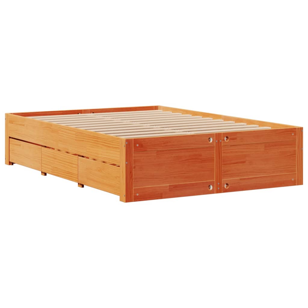 Seng med bokhylle uten madrass voksbrun 150x200 cm heltre furu