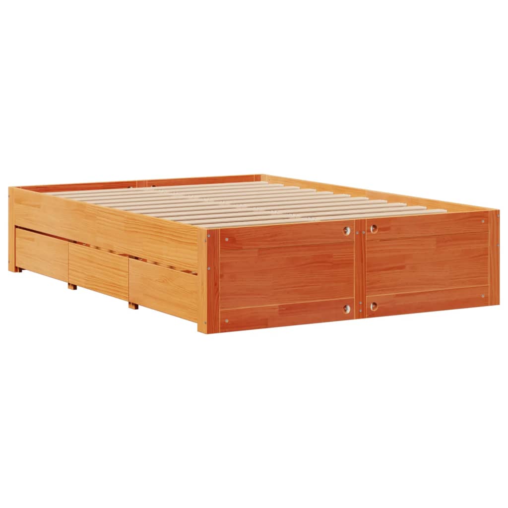 Seng med bokhylle uten madrass voksbrun 140x200 cm heltre furu
