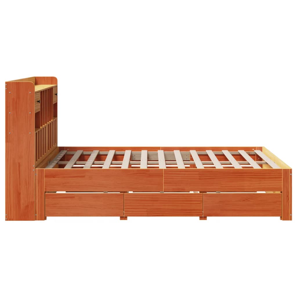 Seng med bokhylle uten madrass voksbrun 140x200 cm heltre furu