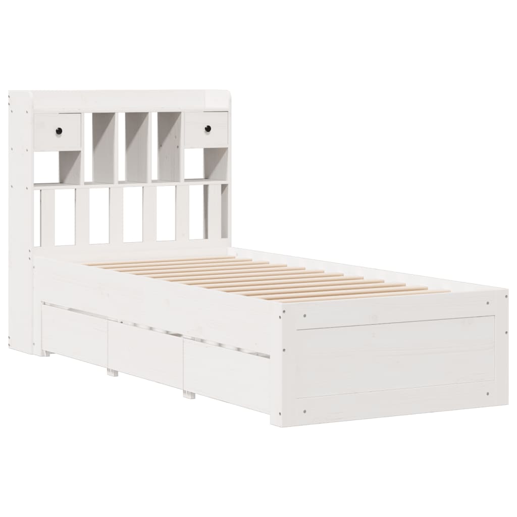 Seng med bokhylle uten madrass hvit 90x200 cm heltre furu