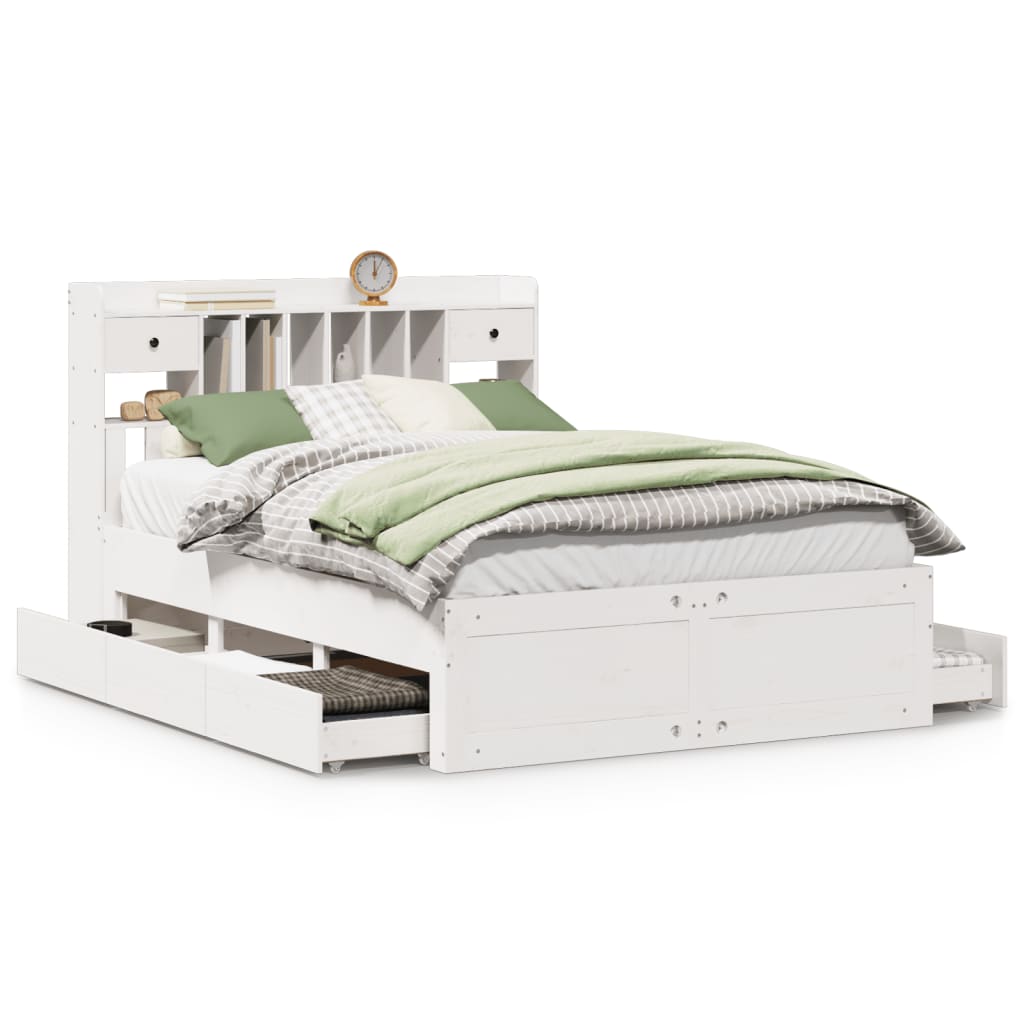 Seng med bokhylle uten madrass hvit 140x190 cm heltre furu