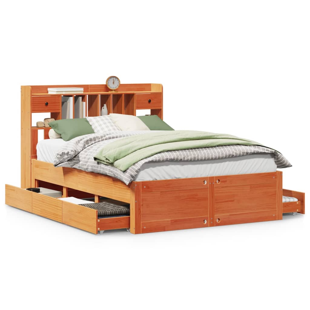 Seng med bokhylle uten madrass voksbrun 140x190 cm heltre furu