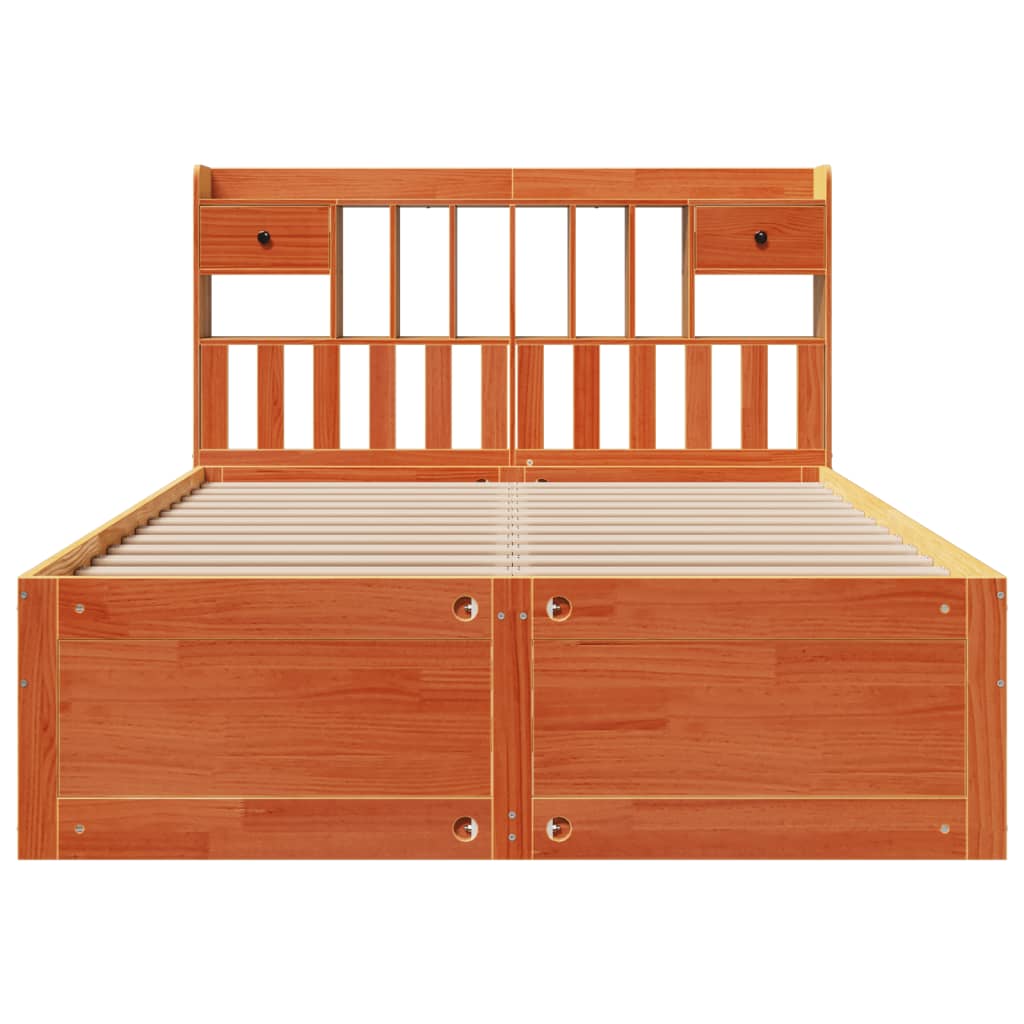 Seng med bokhylle uten madrass voksbrun 140x190 cm heltre furu