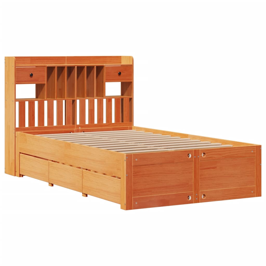 Seng med bokhylle uten madrass voksbrun 135x190 cm heltre furu