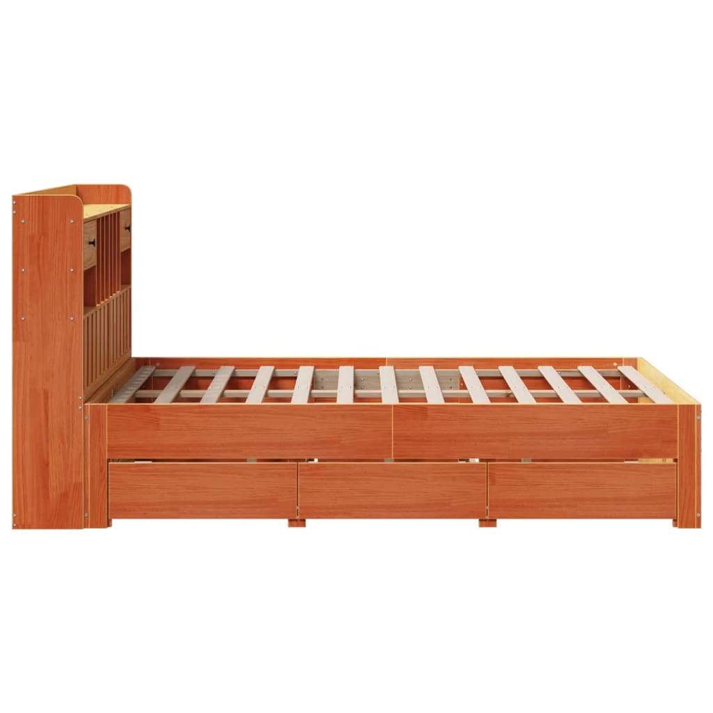 Seng med bokhylle uten madrass voksbrun 135x190 cm heltre furu