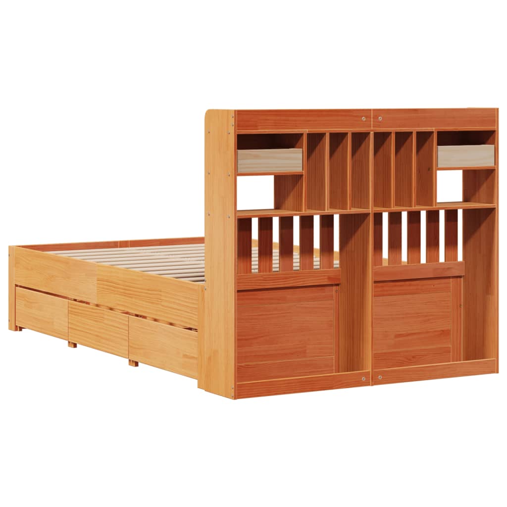 Seng med bokhylle uten madrass voksbrun 135x190 cm heltre furu