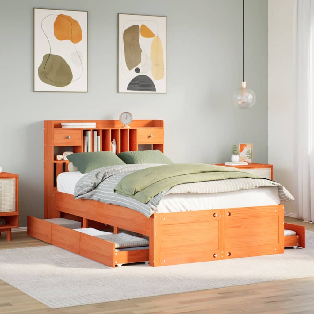Seng med bokhylle uten madrass voksbrun 135x190 cm heltre furu