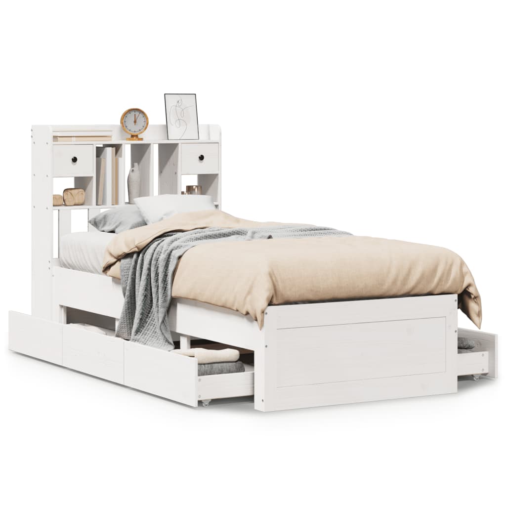 Seng med bokhylle uten madrass hvit 90x190 cm heltre furu