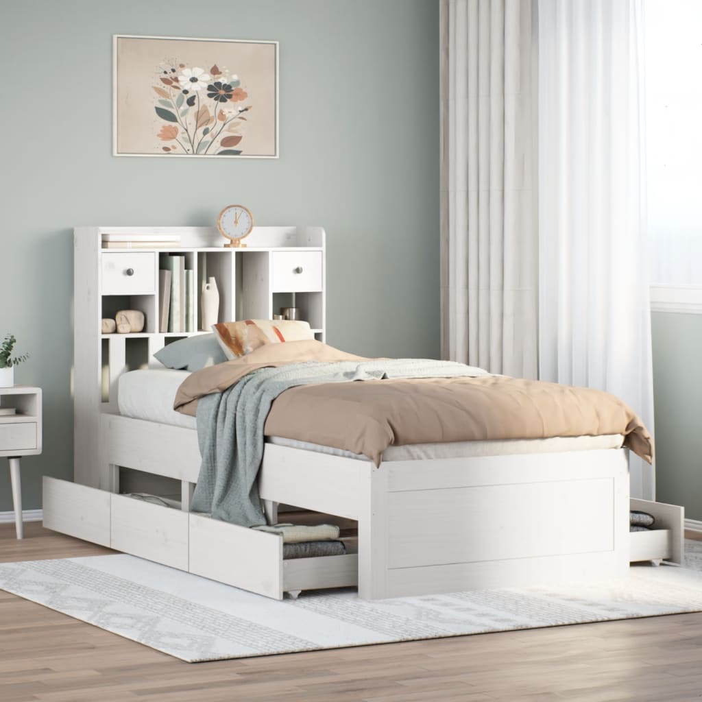 Seng med bokhylle uten madrass hvit 90x190 cm heltre furu