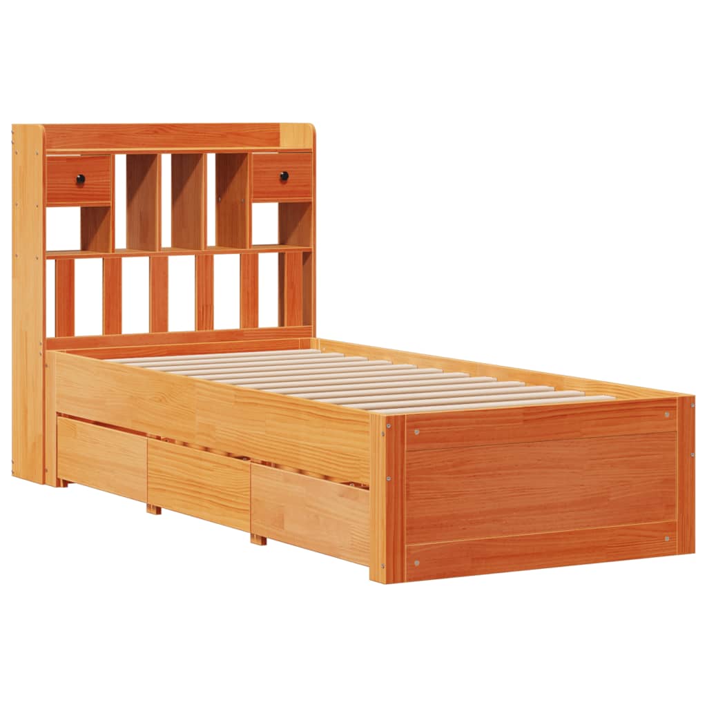 Seng med bokhylle uten madrass voksbrun 75x190 cm heltre furu
