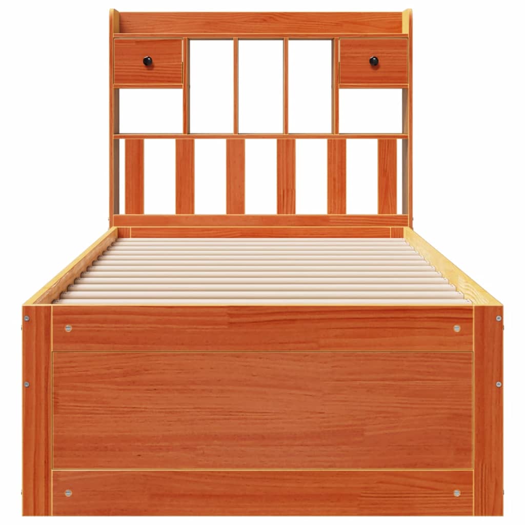Seng med bokhylle uten madrass voksbrun 75x190 cm heltre furu