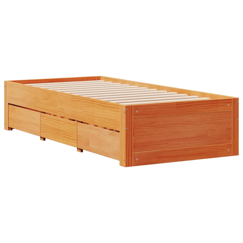 Seng med bokhylle uten madrass voksbrun 75x190 cm heltre furu