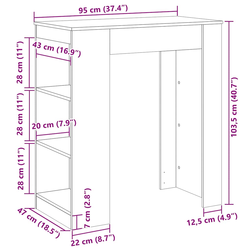Barbord med stativer røkt eik 95x47x103,5 cm konstruert tre