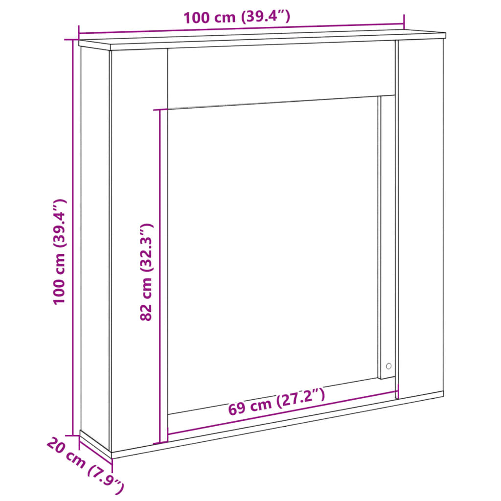 Peisramme hvit 100x20x100 cm konstruert tre