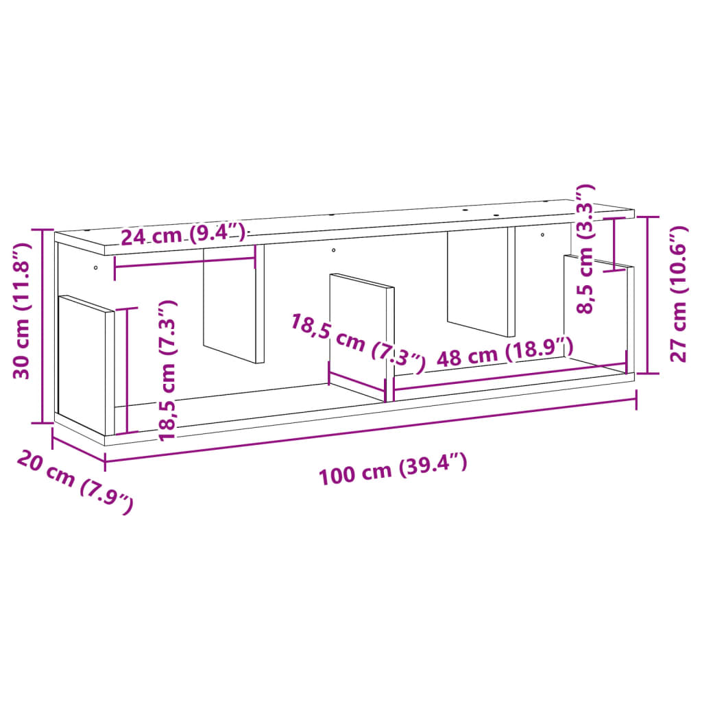 Veggskap 100x20x30 cm røkt eik konstruert tre