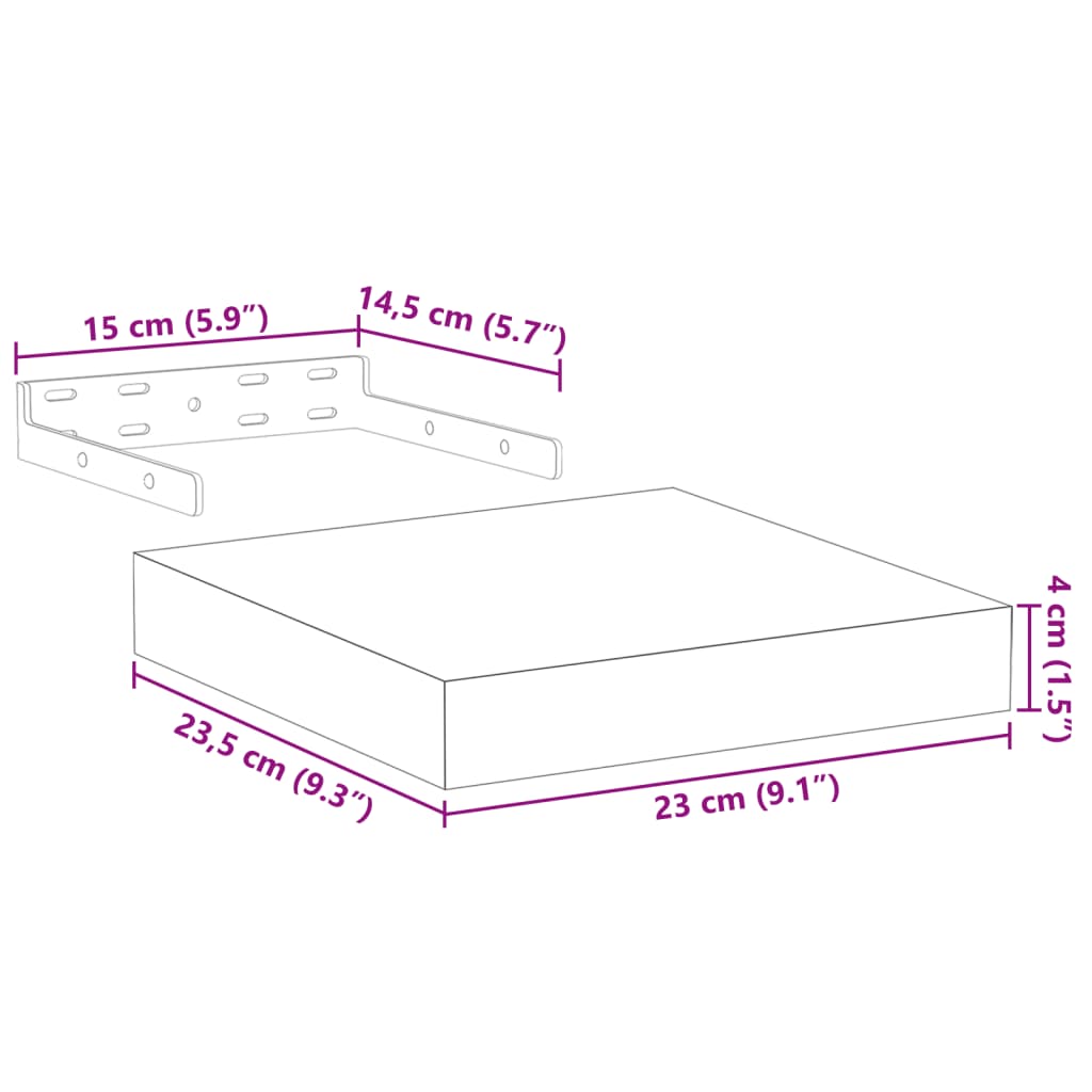 Flytende hyller 4 stk 23x23,5x4 cm konstruert tre