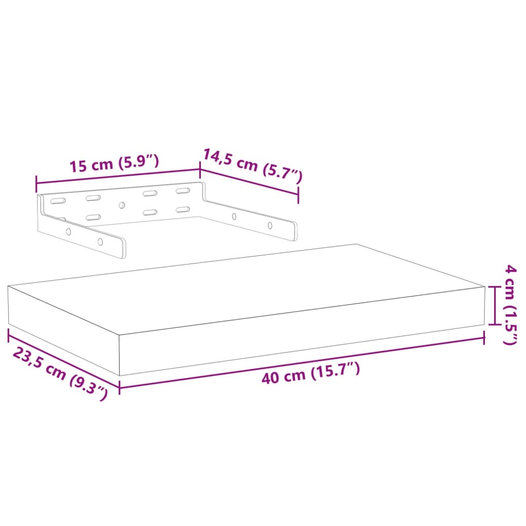 Flytende hyller 2 stk 40x23,5x4 cm konstruert tre