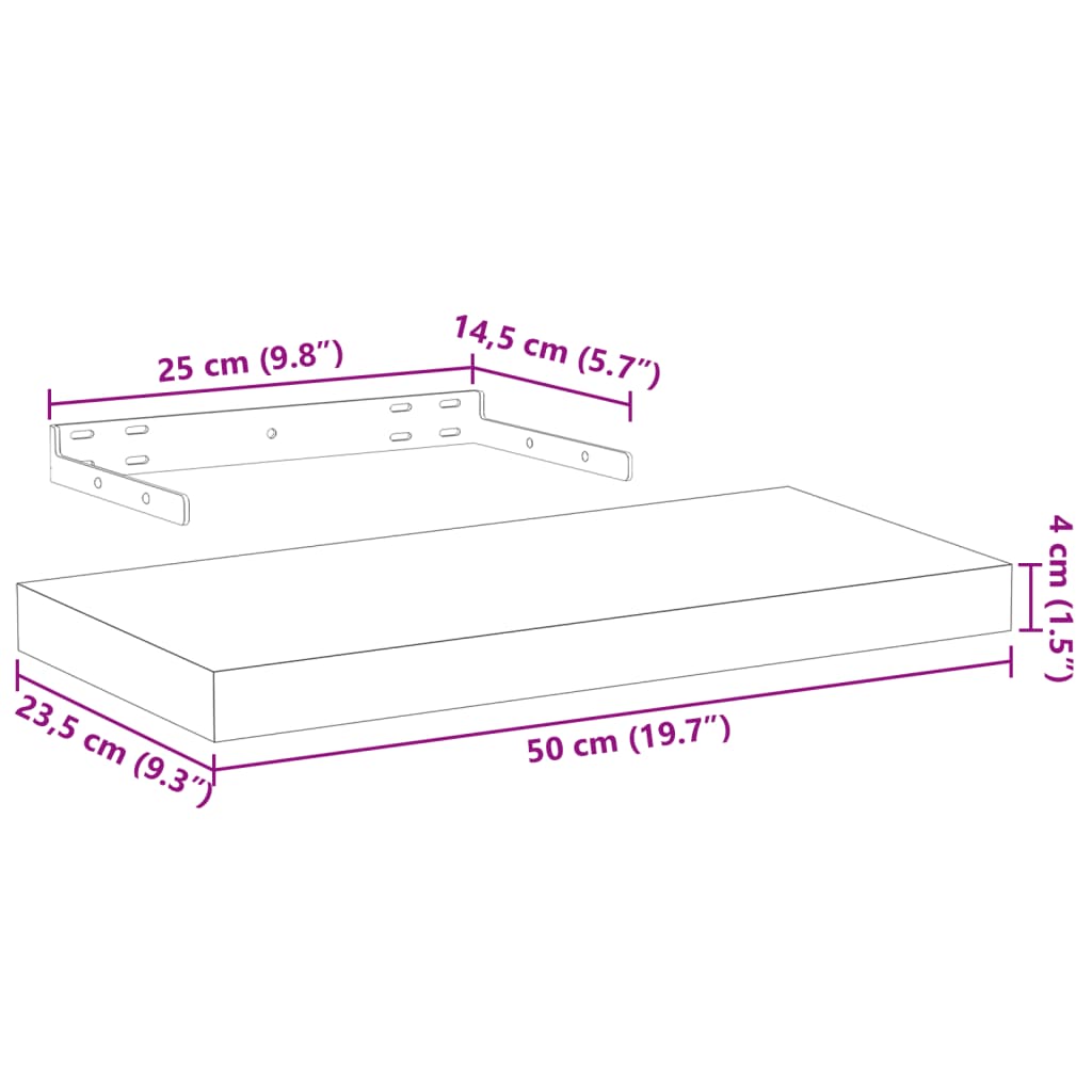Flytende hyller 4 stk 50x23,5x4 cm konstruert tre