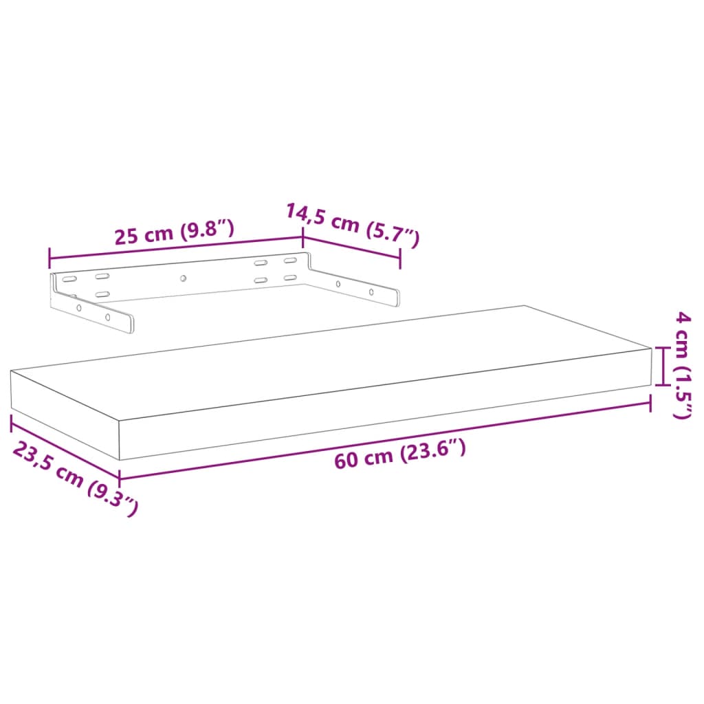 Flytende hyller 2 stk 60x23,5x4 cm konstruert tre