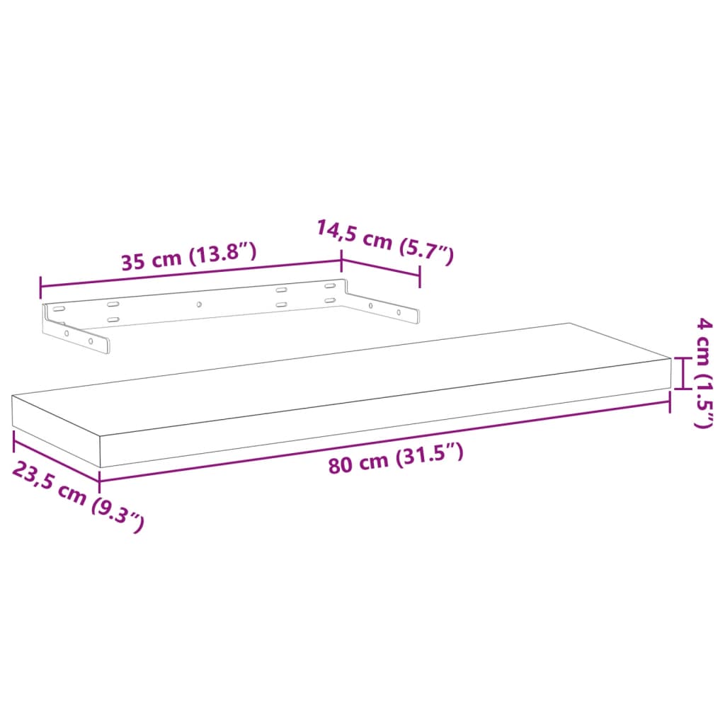 Flytende hylle 80x23,5x4 cm konstruert tre