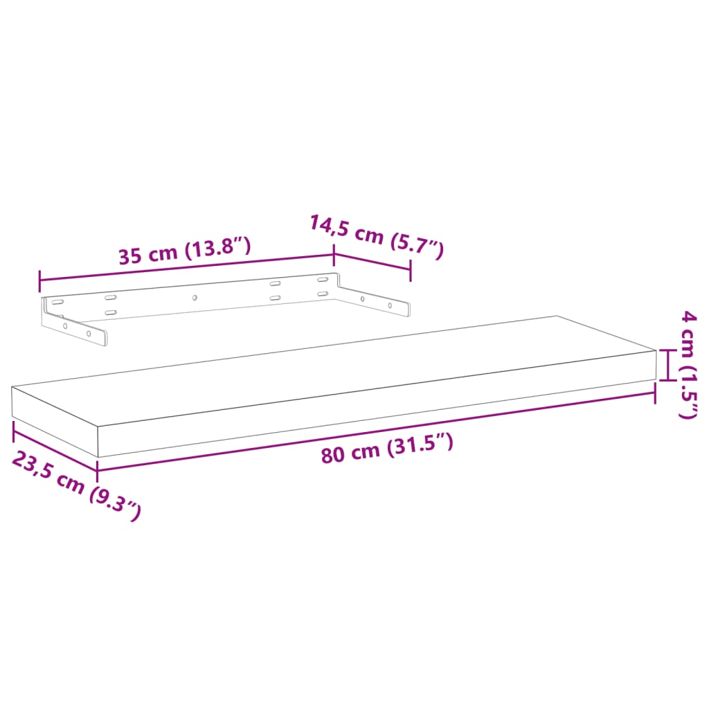 Flytende hyller 4 stk 80x23,5x4 cm konstruert tre