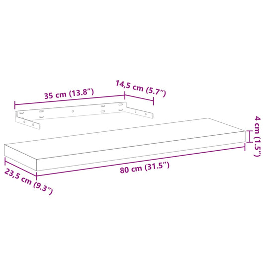 Flytende hyller 4 stk 80x23,5x4 cm konstruert tre
