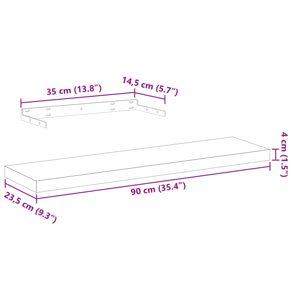 Flytende hyller 2 stk 90x23,5x4 cm konstruert tre