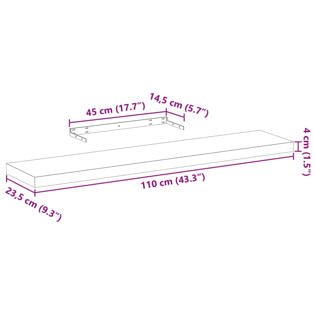 Flytende hyller 4 stk 110x23,5x4 cm konstruert tre