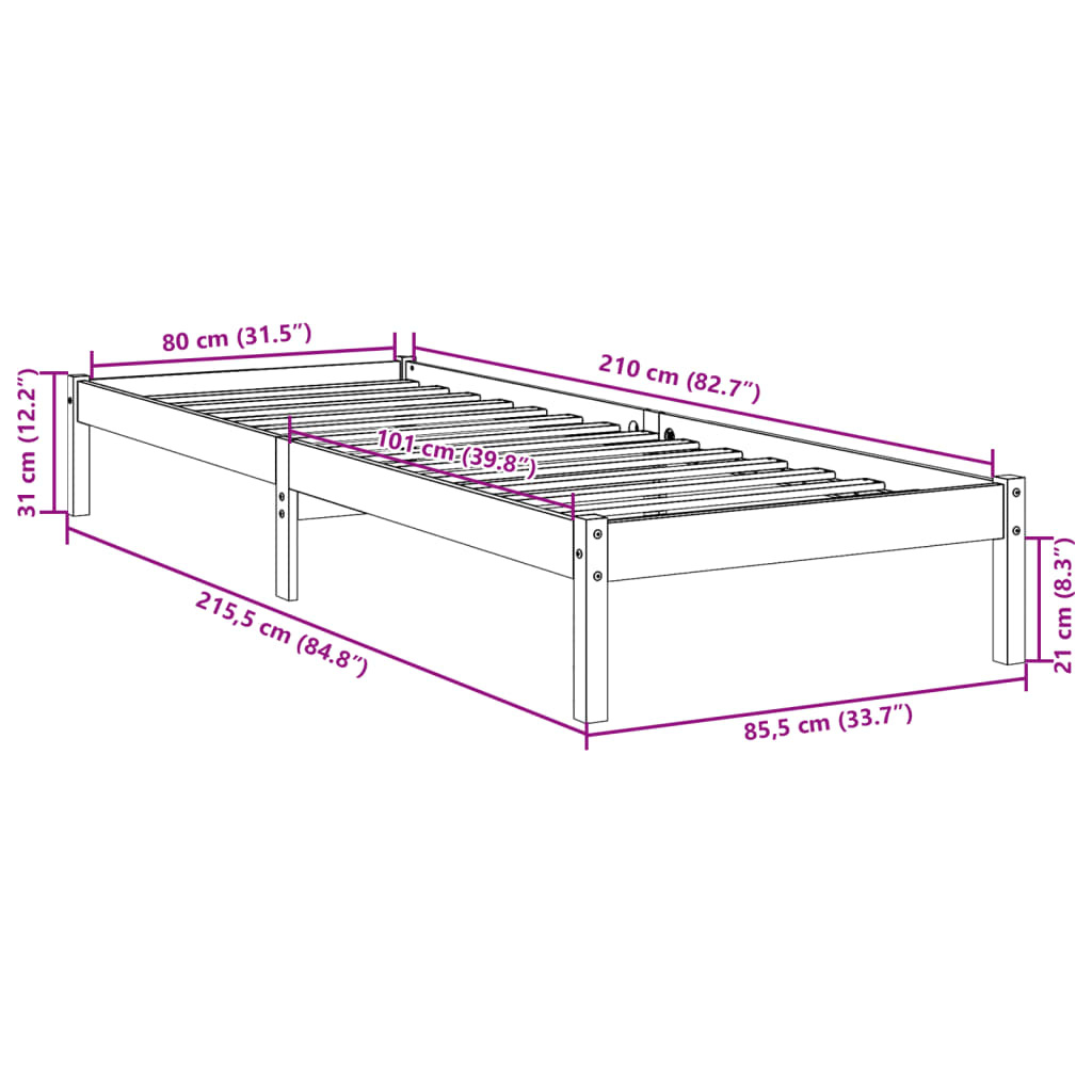 Ekstra lang sengeramme uten madrass hvit 80x210 cm heltre furu