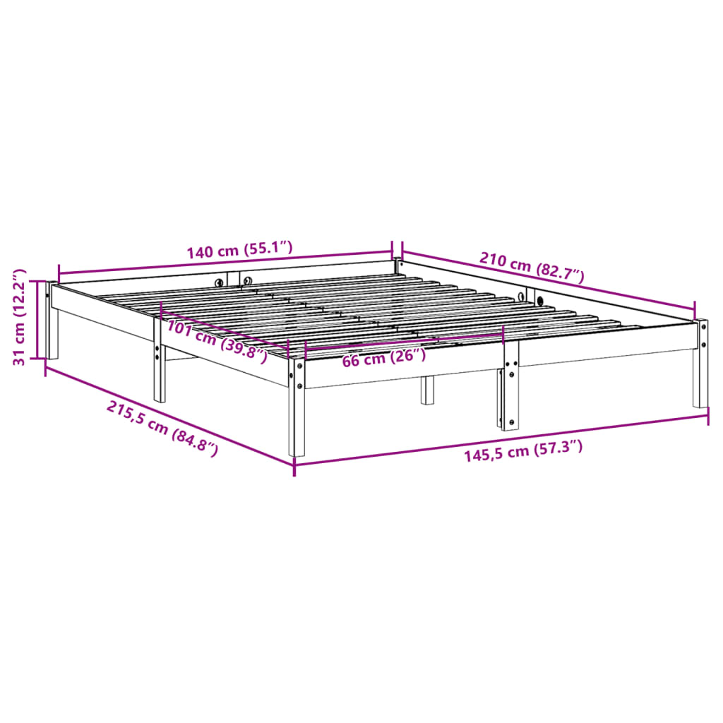 Ekstra lang sengeramme uten madrass 140x210 cm heltre furu