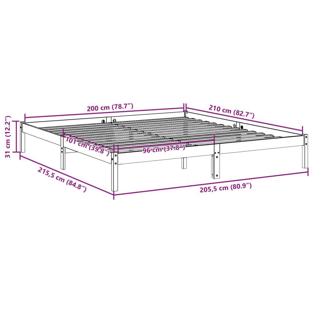 Ekstra lang sengeramme uten madrass hvit 200x210 cm heltre furu