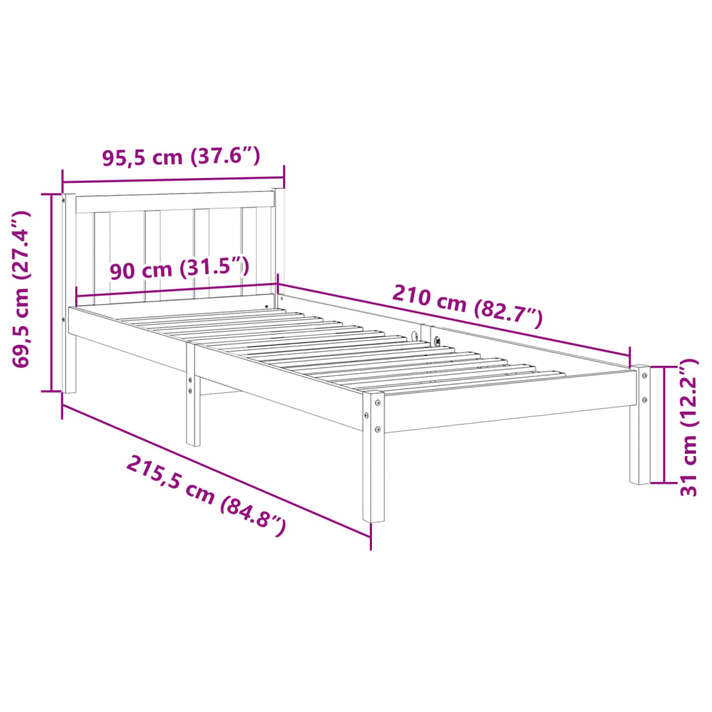 Ekstra lang sengeramme uten madrass 90x210 cm heltre furu