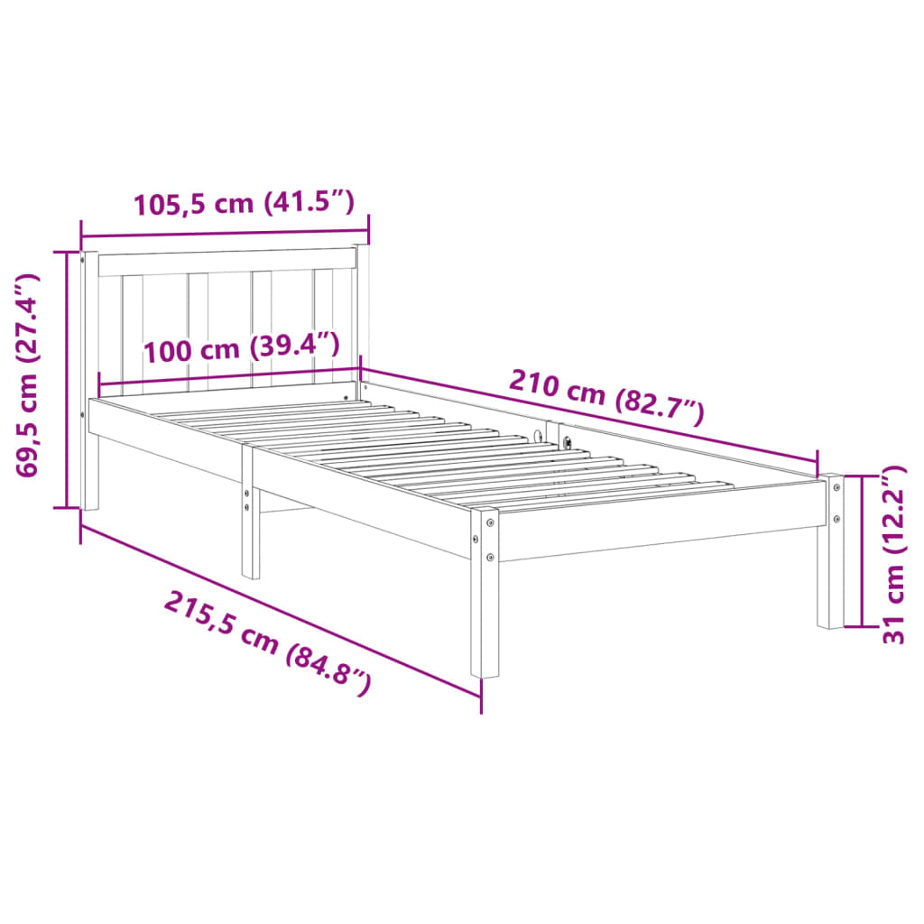 Ekstra lang sengeramme uten madrass hvit 100x210 cm heltre furu