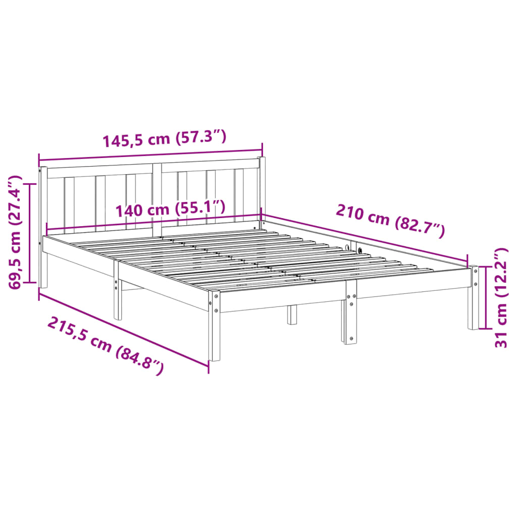 Ekstra lang sengeramme uten madrass hvit 140x210 cm heltre furu