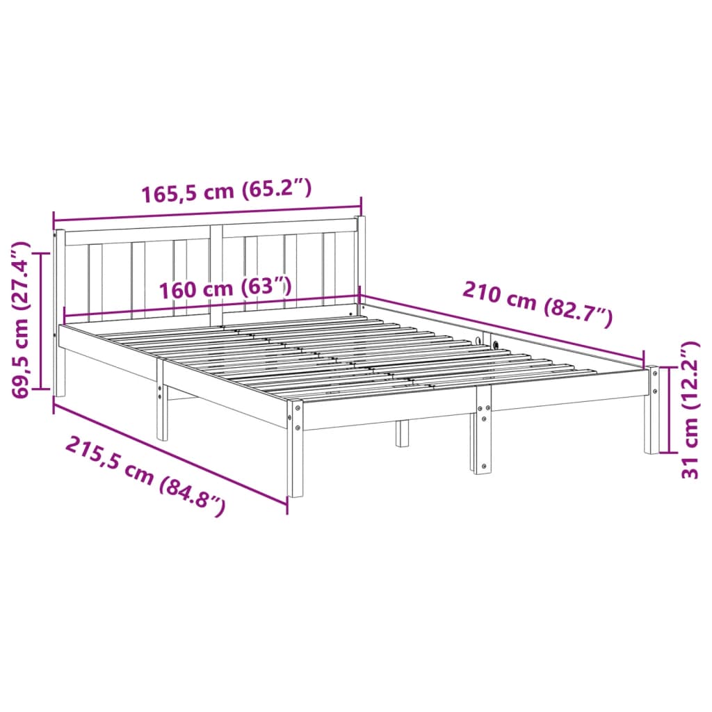 Ekstra lang sengeramme uten madrass hvit 160x210 cm heltre furu