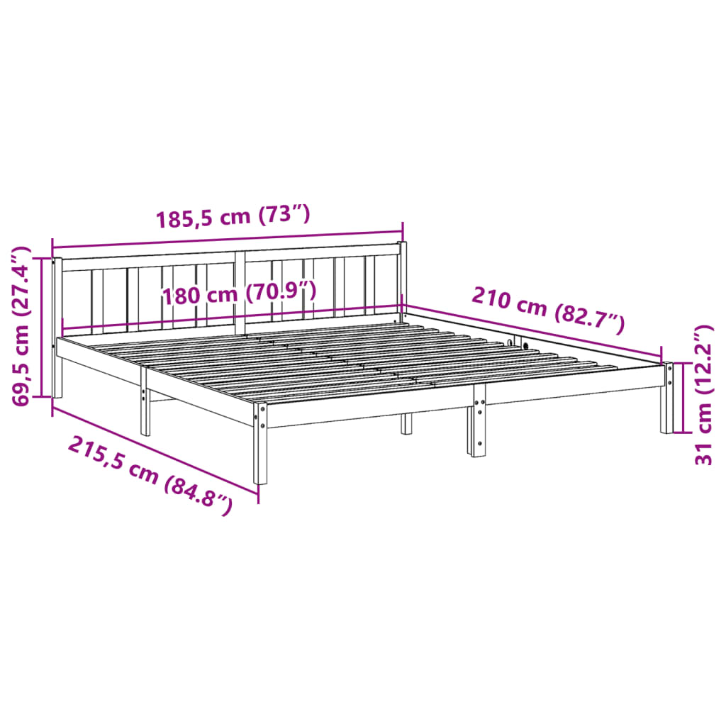 Ekstra lang sengeramme uten madrass hvit 180x210 cm heltre furu