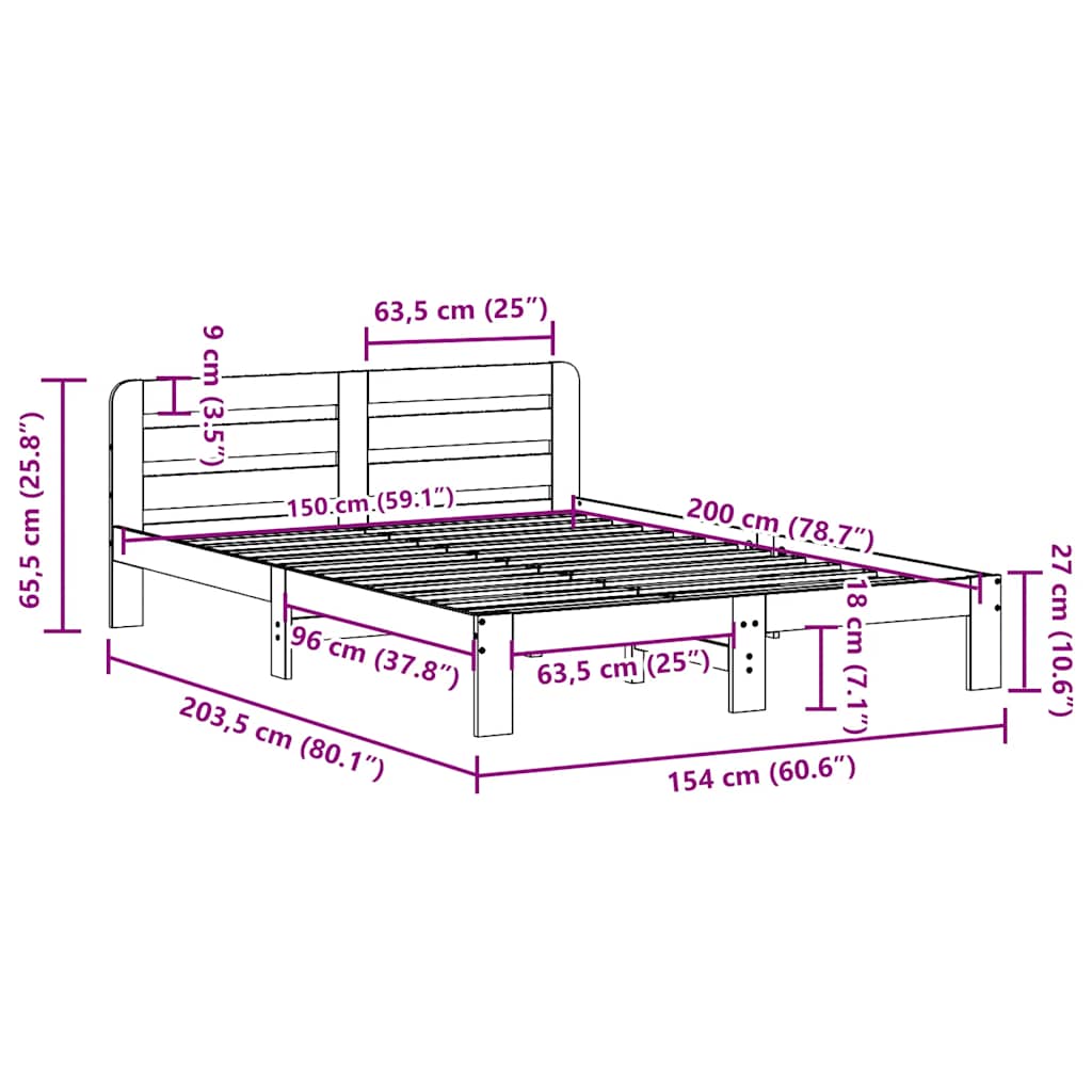 Sengeramme uten madrass brun 150x200 cm heltre furu vidaXL