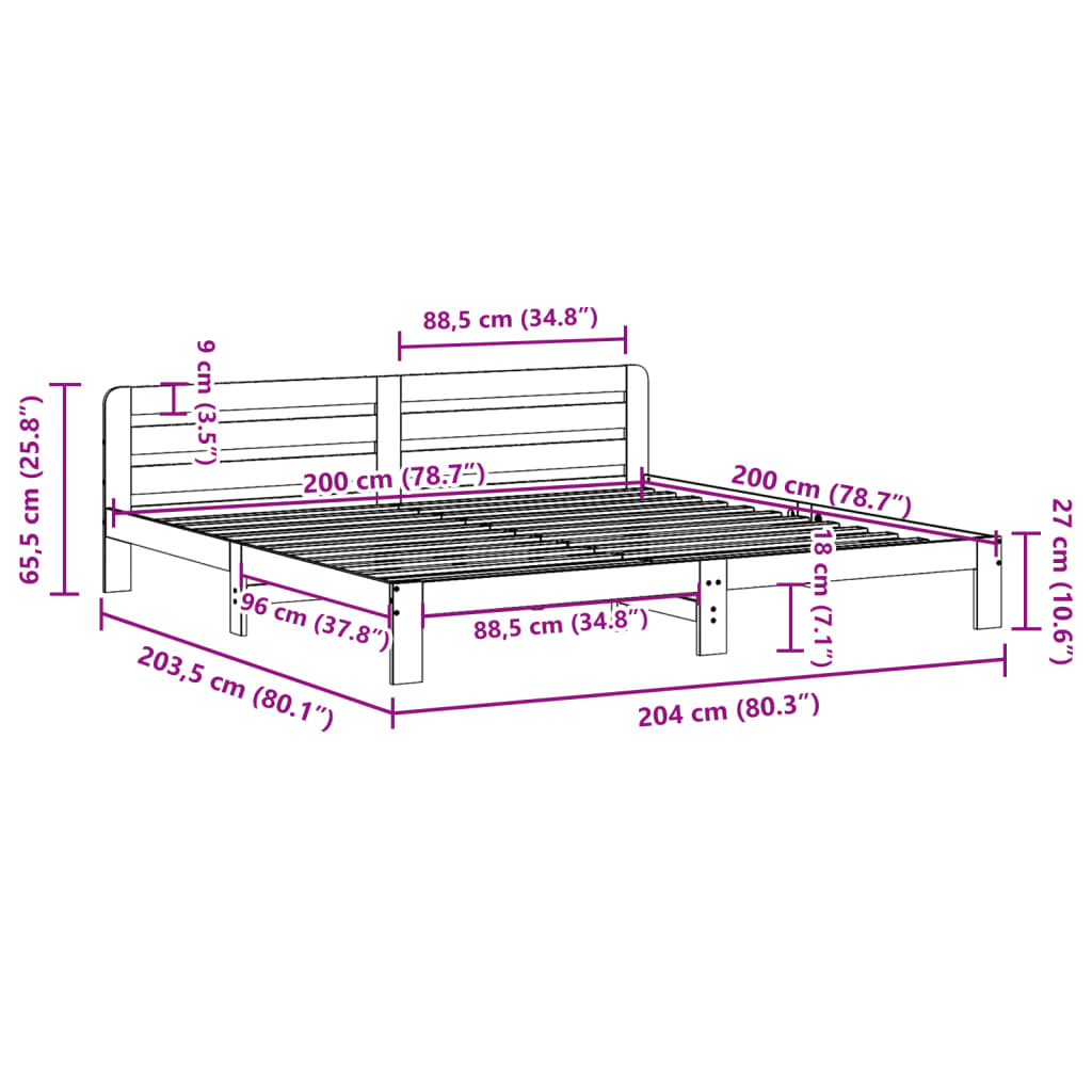 Sengeramme med madrass hvit 200x200 cm heltre furu